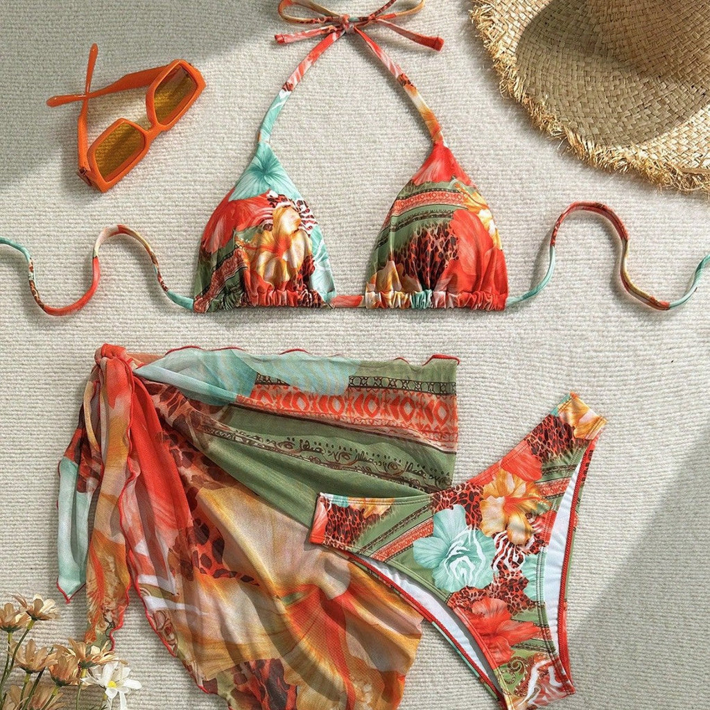 Women's Bikini Swimsuit with Floral Print and Tie Straps