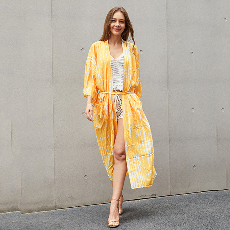 Tie-Front Printed Cardigan Beach Dress ¨C Bikini Cover-Up, Vacation Sun Protection Kimono Dress