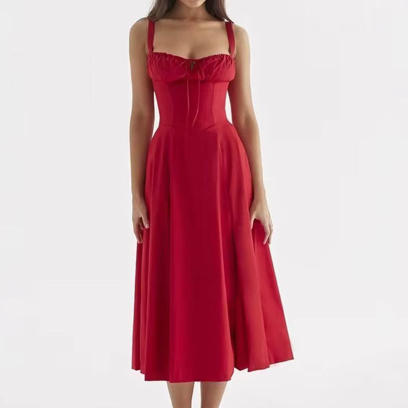 Square Neck Bustier Midi Dress - Low Cut Sleeveless Swing Sundress with Lace Trim & Spaghetti Straps