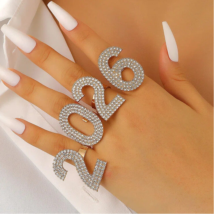 Zircon Inlaid Number Tassel Earrings & Ring Set Luxury Party Jewelry