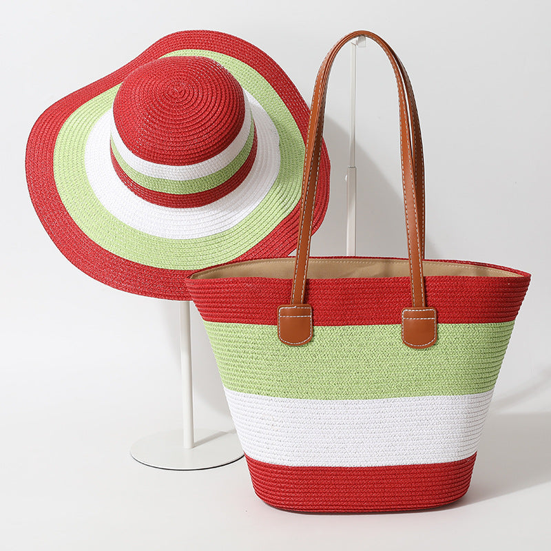 Striped Woven Straw Bag – Summer Large Handheld Tote, Shoulder Commuter Purse
