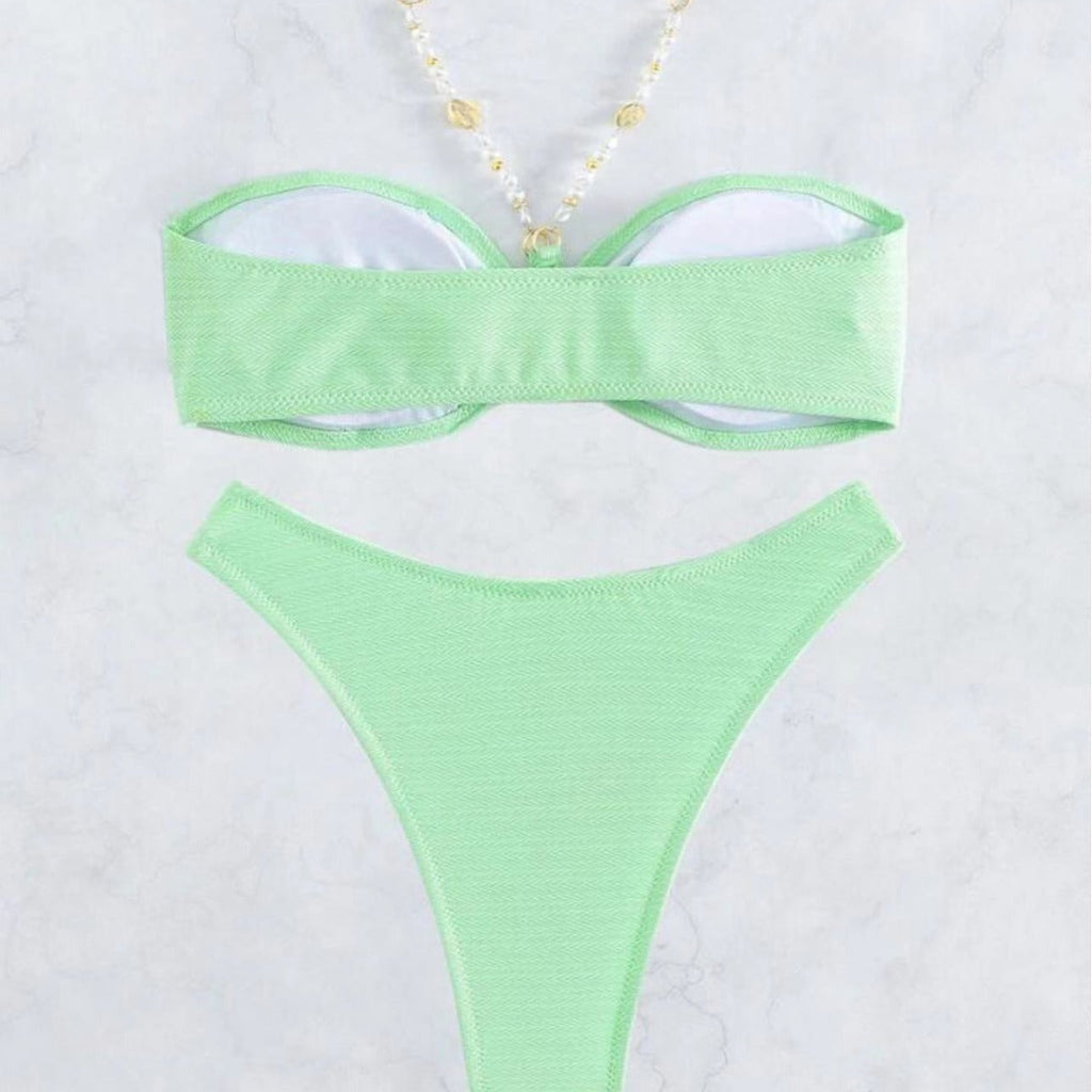 Sexy Solid Neck Ladies Beach bikini Ruched Bust Halter Bikini Swimsuit