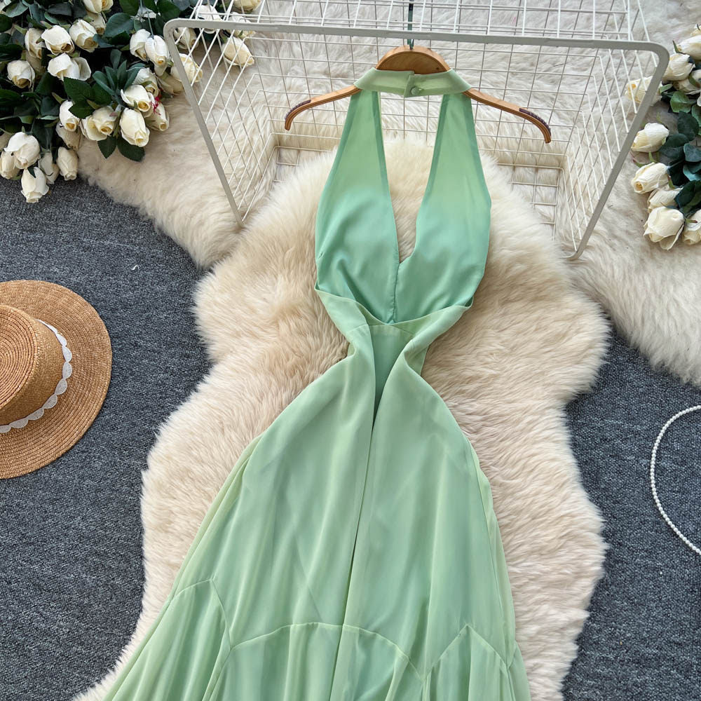 Halter Sleeveless Sexy Open-Back Dress – Summer Green High-Waist Slim-Fit Maxi, Bodycon Gown