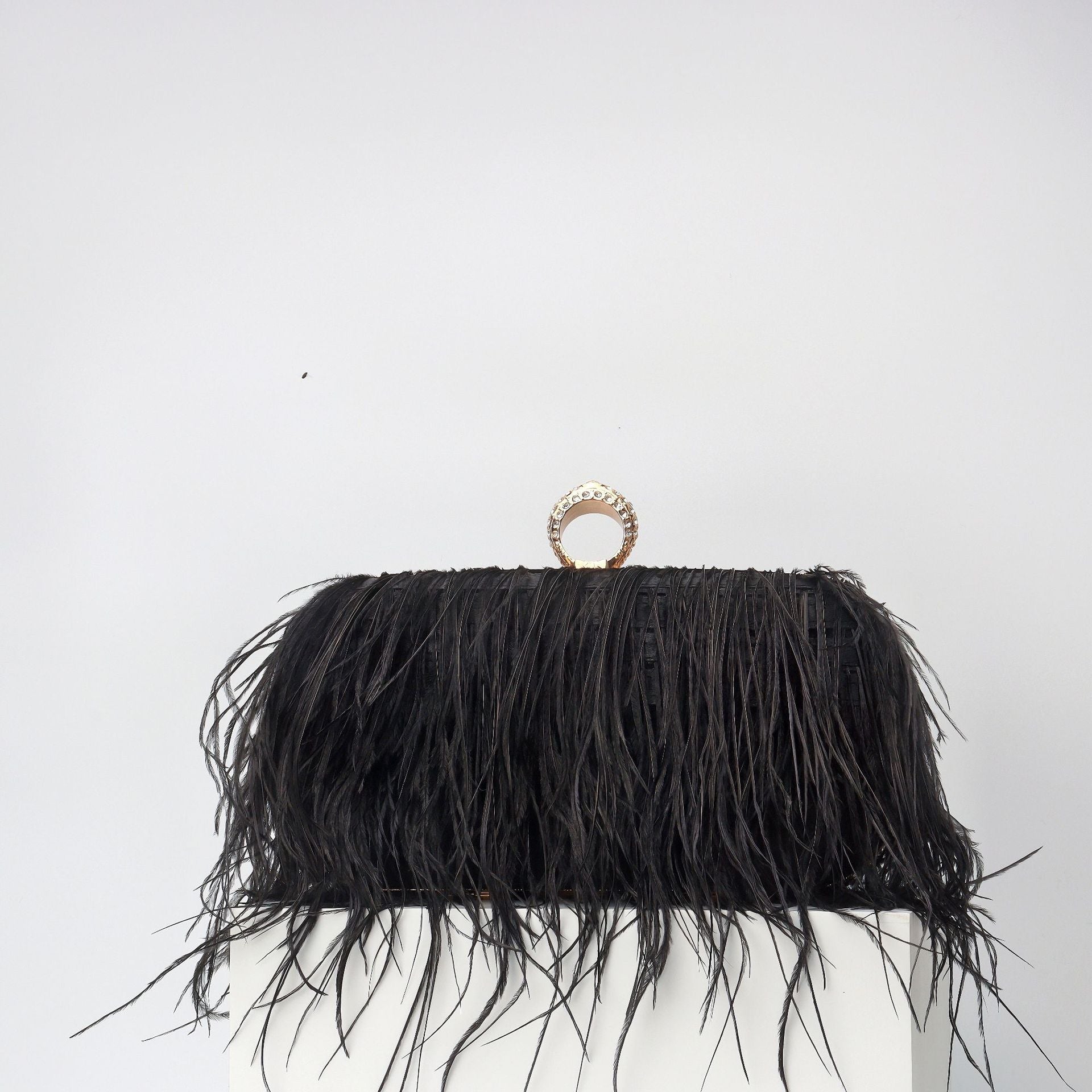 Elegant Ostrich Hair Ring Box – Small Square Bag with Chain Crossbody Shoulder Velvet Evening Clutch Purse