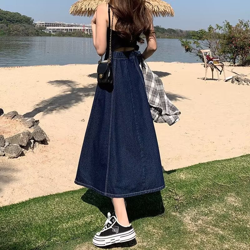 Women’s Denim A-Line Midi Skirt – Plus Size High-Waist Elastic Waist, Fall Loose-Fit Skater Skirt