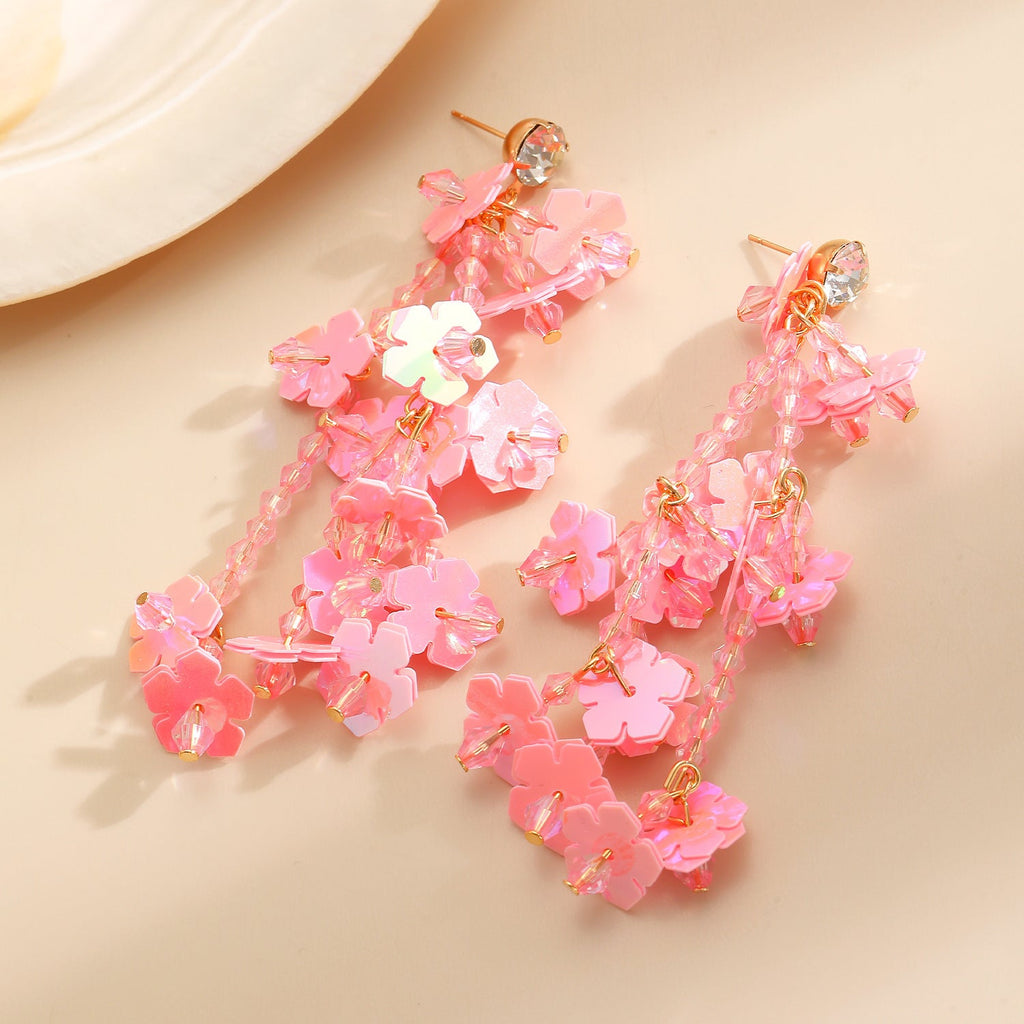 Vacation Pink Rice Bead Flower Luxury Tassel Earrings Boho Sweet Girl Earrings