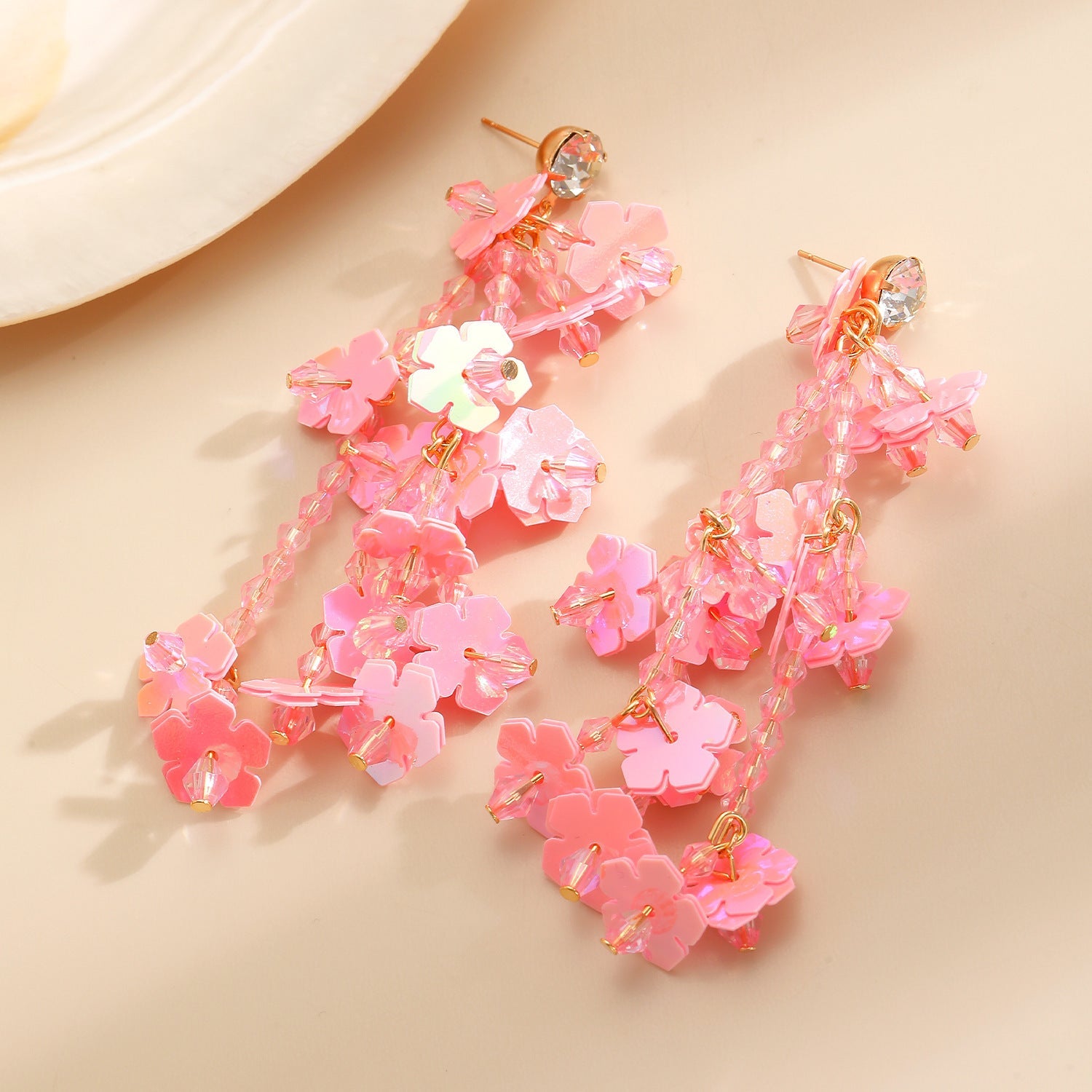 Vacation Pink Rice Bead Flower Luxury Tassel Earrings Boho Sweet Girl Earrings