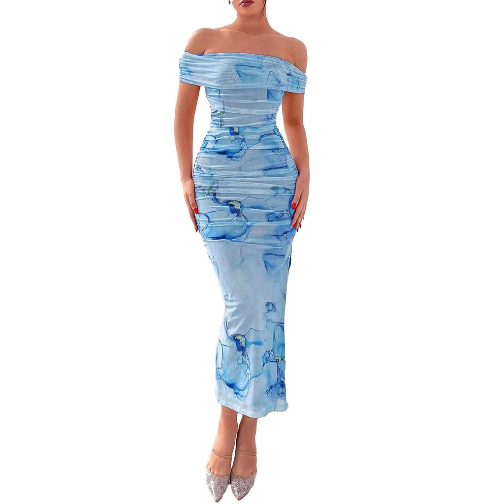Women's Sexy Slit Bodycon Body-Hugging Printed Dress Pleated Maxi Skirt