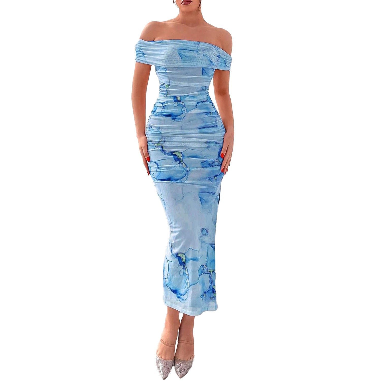 Women's Sexy Slit Bodycon Body-Hugging Printed Dress Pleated Maxi Skirt