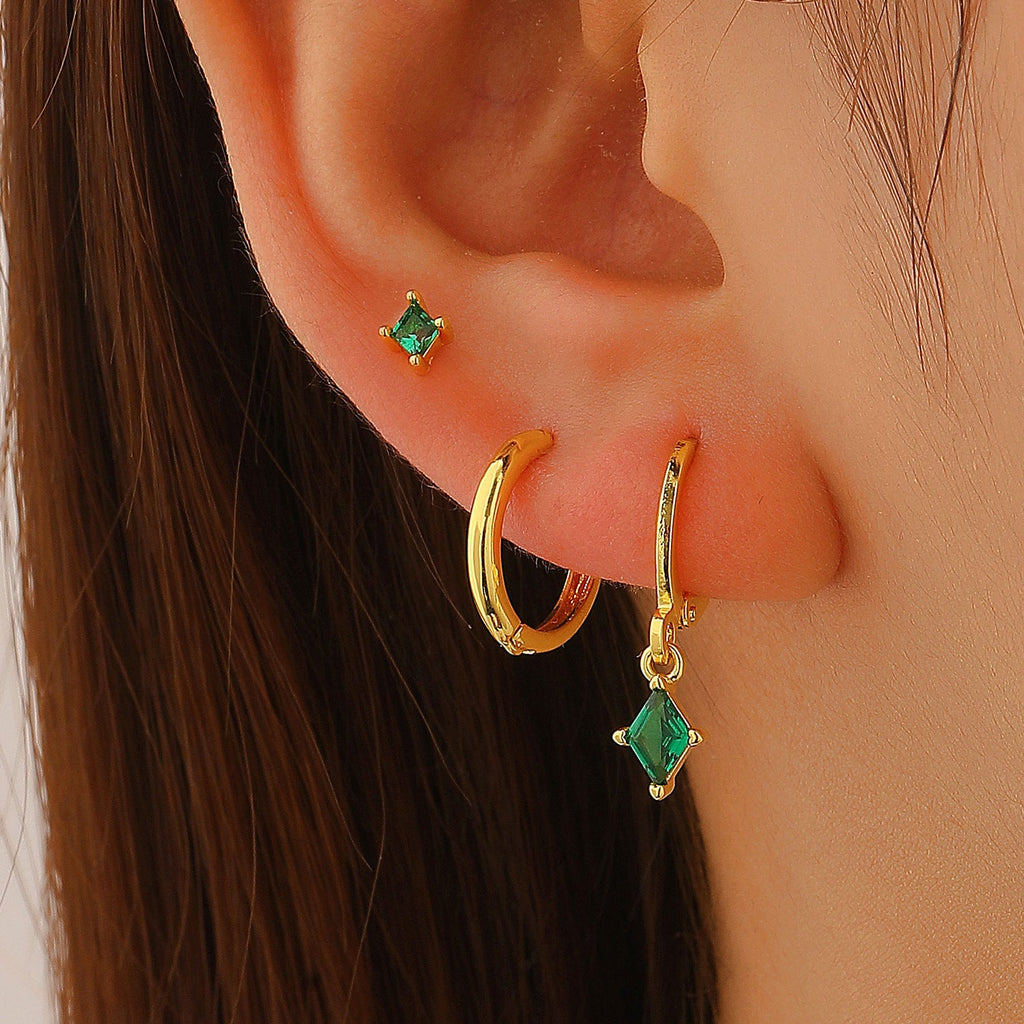 Copper Inlaid Zircon Rhombus Pendant Women 3pcs Earrings Set Studs Buckle Hoops