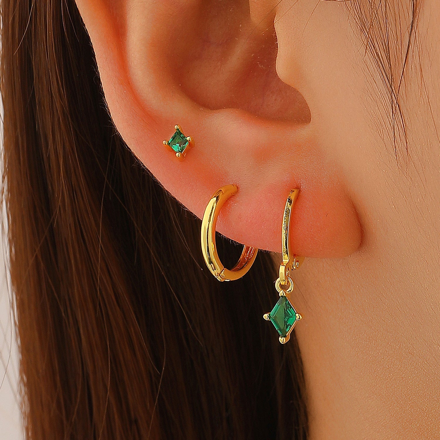 Copper Inlaid Zircon Rhombus Pendant Women 3pcs Earrings Set Studs Buckle Hoops