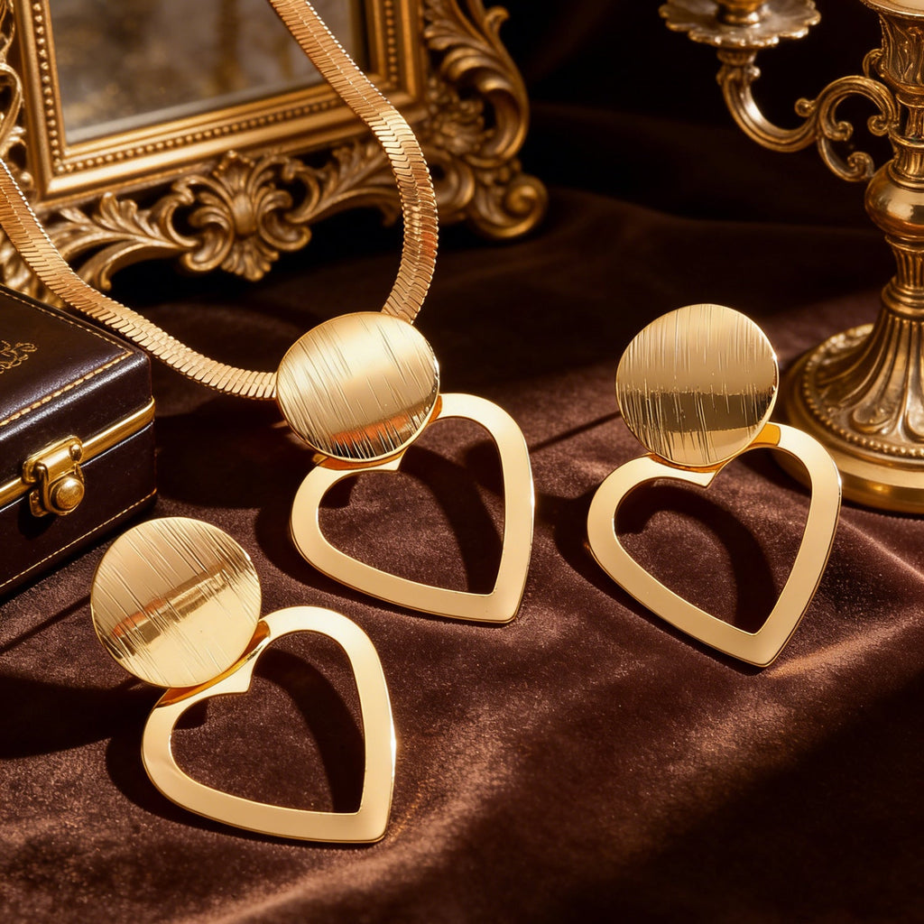 Creative Circle Heart Geometric Pendant Necklace & Earrings Elegant Jewelry Set