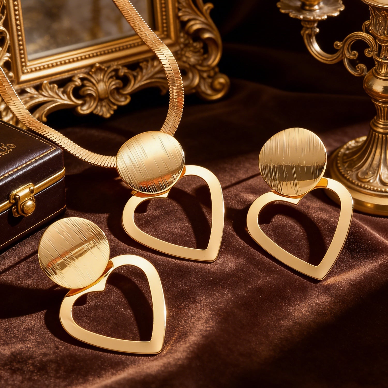 Creative Circle Heart Geometric Pendant Necklace & Earrings Elegant Jewelry Set