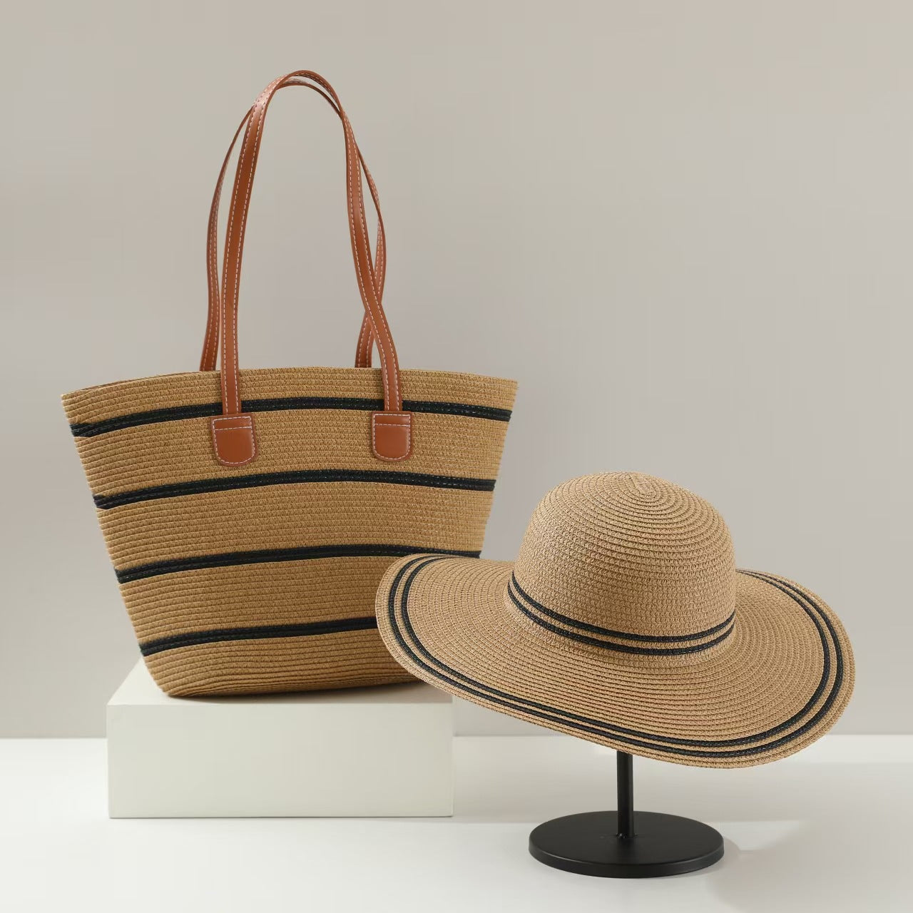 Straw Hat & Tote Two-Piece Set – Wide-Brim Beach Duo, Large Capacity Striped Vacation Kit