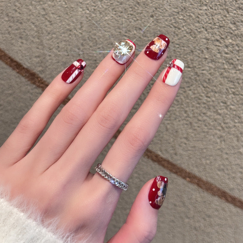 New Year's red Christmas handmade armor cartoon bear cute wearing armor pure handmade autumn and winter nail patch