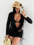 Women's Swimsuit Tie-Dye Print Mesh Long Sleeve Beach Dress Sexy Bikini Four-Piece Set