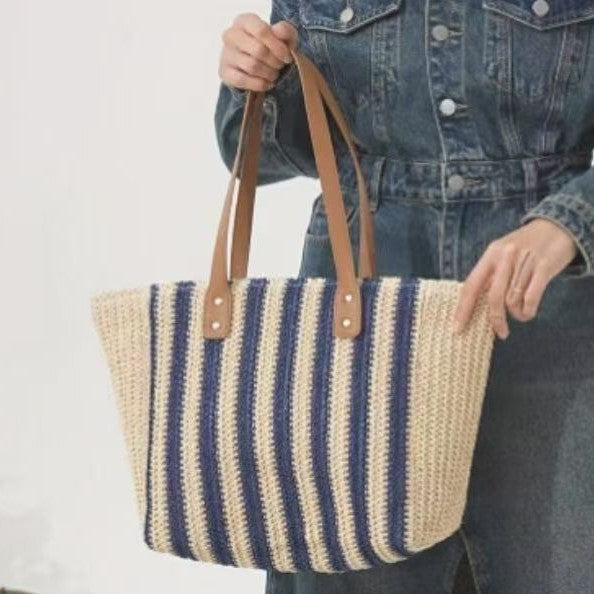 Zip-Top Woven Bag – Fall Beach Large Tote, Versatile Fashion Vacation Handheld Shoulder Straw Purse