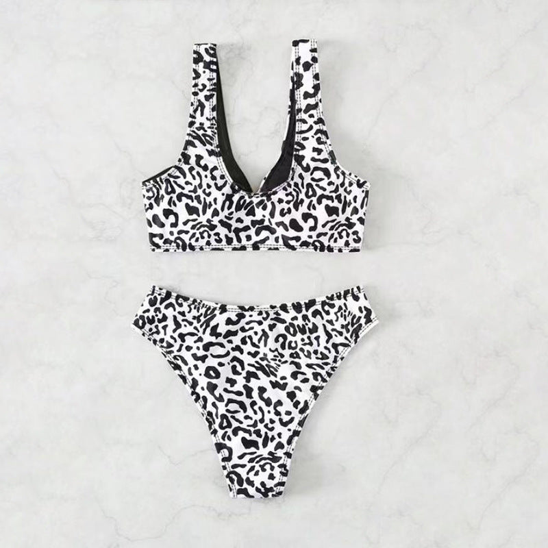 Split swimsuit female sexy leopard print contrasting color splicing bikini swimsuit female