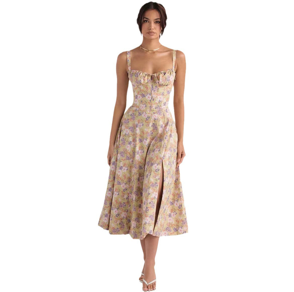 Sleeveless Strapless Bandage Corset Dress - Floral Print Long Midi Dress with Lace Up Back & Thigh Slit
