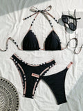 Plaid Trim Black Bikini Three Piece Swimsuit Separate Set Bikini Swimsuit Three Piece