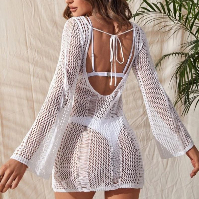 Crochet Hollow-Out Long Sleeve Backless Beach Dress ¨C Sexy Bikini Cover-Up, Knit Vacation Kimono