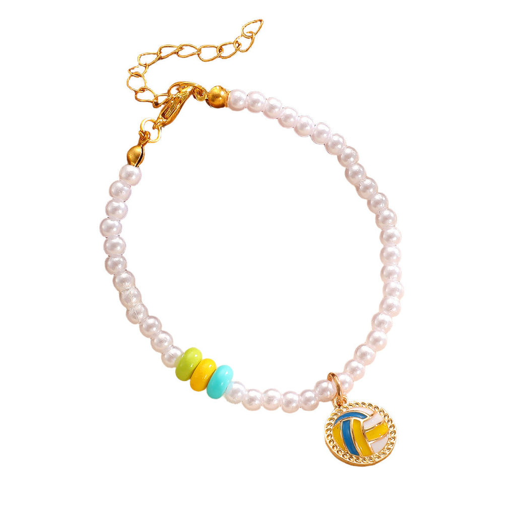 Sporty Soccer Football Rugby Pendant Pearl Beaded Necklace Bracelet Earrings Set