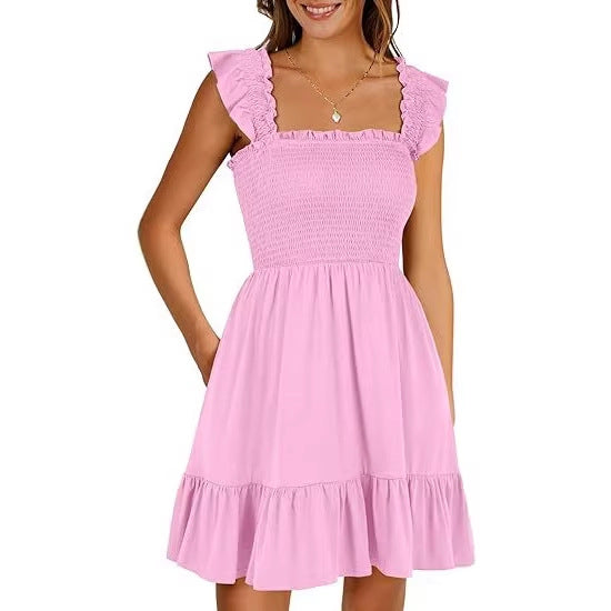 Women's sleeveless square neck pleated backless short dress women's