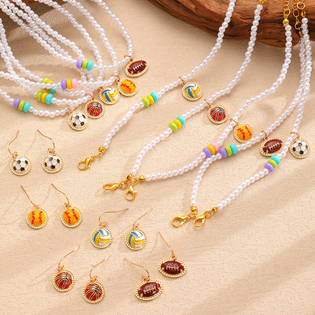 Sporty Soccer Football Rugby Pendant Pearl Beaded Necklace Bracelet Earrings Set
