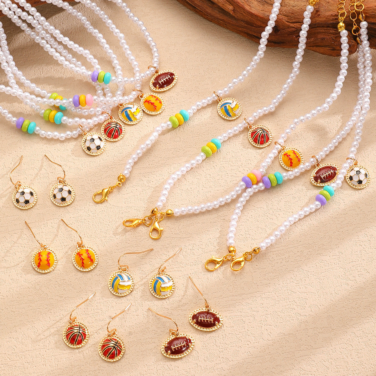 Sporty Soccer Football Rugby Pendant Pearl Beaded Necklace Bracelet Earrings Set