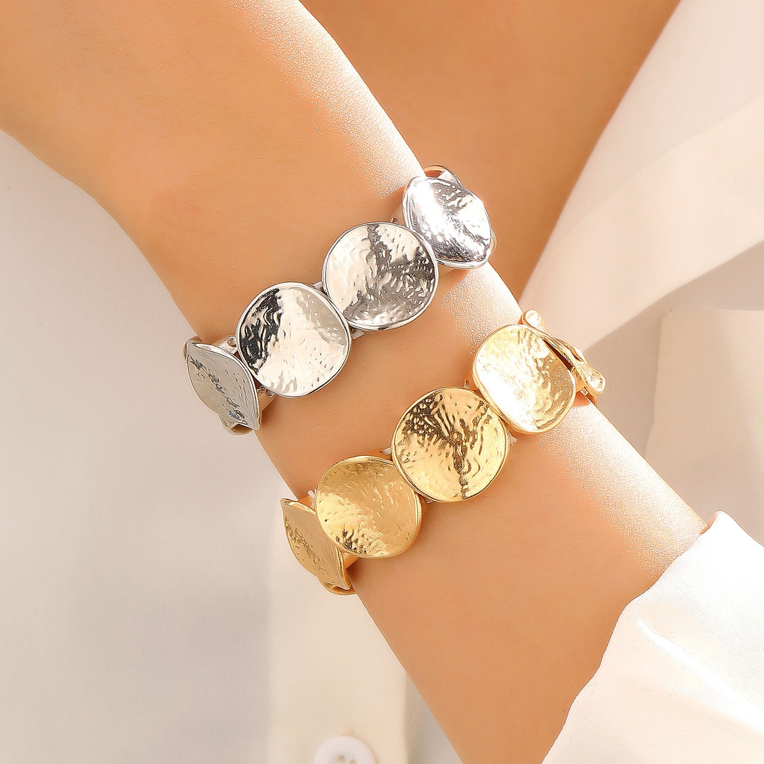 Personality Metal Pleated Geometric Disc Stretch Bracelet Heavy Duty Minimalist