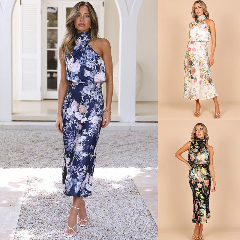 Women's Summer Sundress - Sexy Halter Sleeveless Satin Dress with Elastic Waist & Ruffle Trim