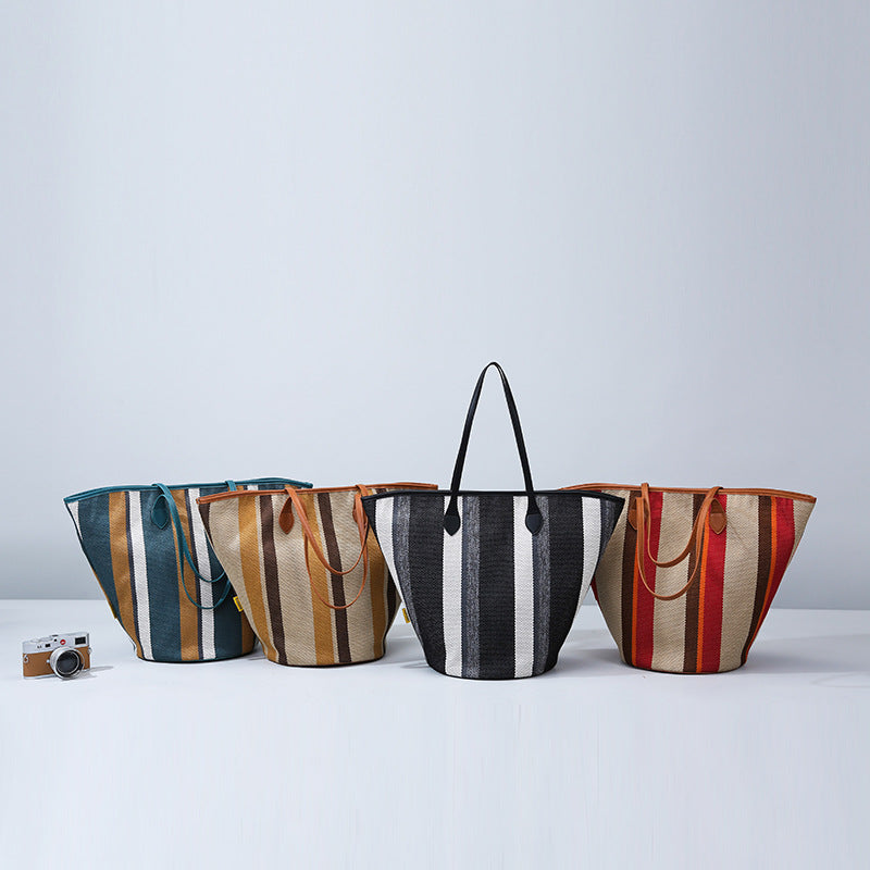 Trendy Canvas Shoulder Tote – Fashion Stripe Large Handbag, Casual Weekender Shopper