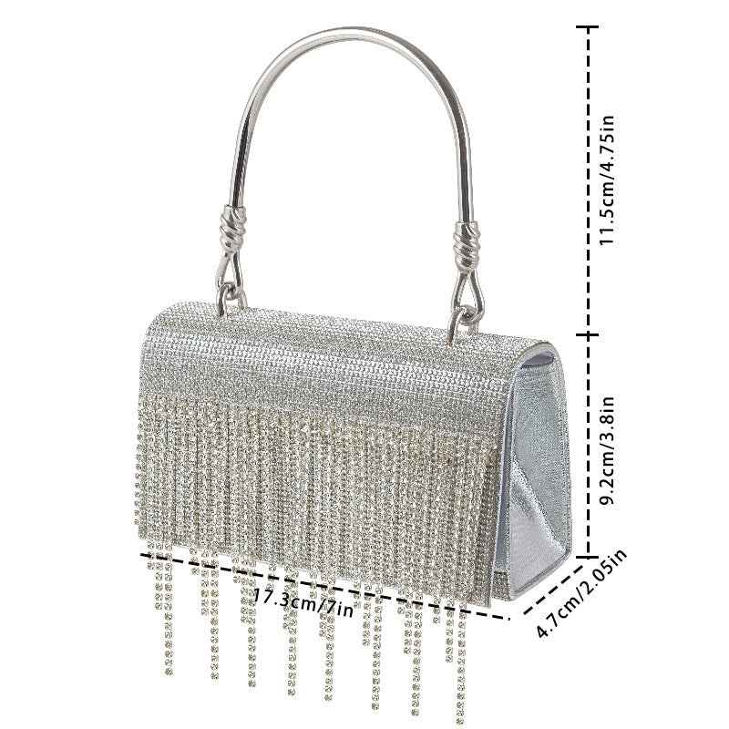 GlitteringTassel Rhinestone Small Square Bag Evening Dinner Bag Party Bag Metal Tote Bag Cosmetic Bag