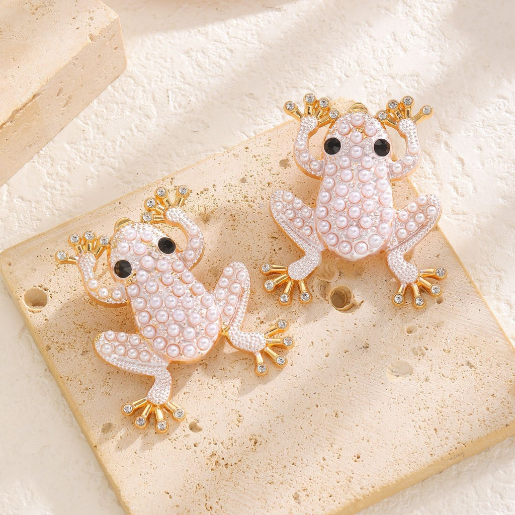 Fashion Creative Alloy Rhinestone Faux Pearl Frog Animal Stud Earrings