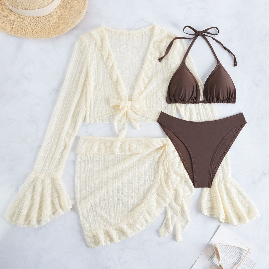 Long Sleeve Cover Up Triangle Apron Four Piece Bikini Lace Swimsuit Women's Swimwear Set