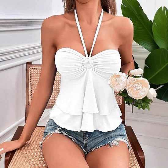Sexy Lace Up Cross Sling Off-Shoulder Halter Pleated Ruffle Edge Solid Color Tube Top Drawstring Bust Tie Backless Halter Top