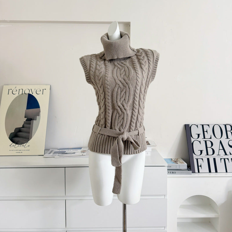 Thick needle knitting three-dimensional twist turtleneck small flying sleeve belt twisted sweater vest