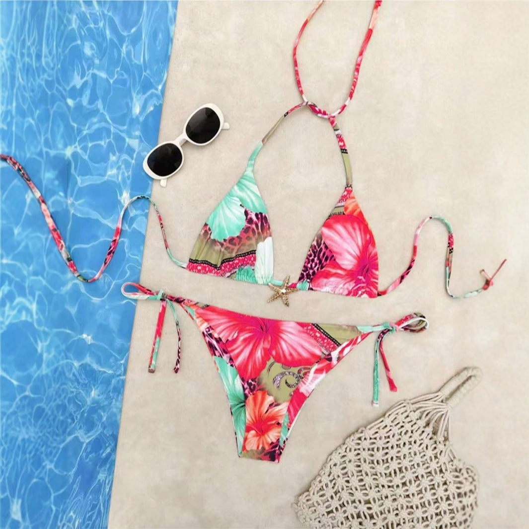 Lace-up Printed Bikini High-end Two-piece Swimsuit Set for Women