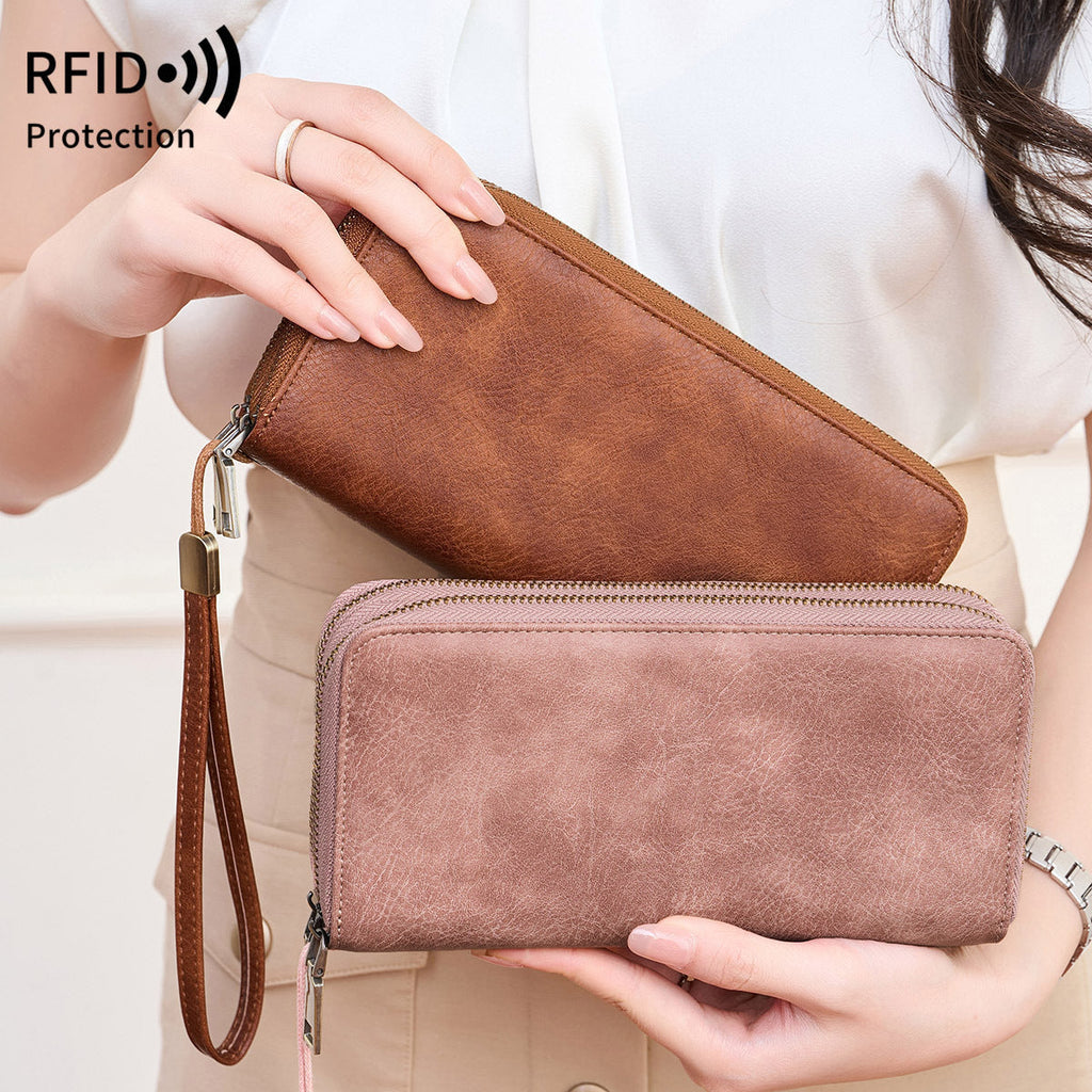 RFID anti-theft brush, women's long wallet, retro cow pattern organ card bag, large capacity clutch bag.