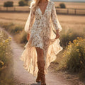 Women's Bohemian V-Neck Asymmetrical Hem Printed Long Sleeve Dress