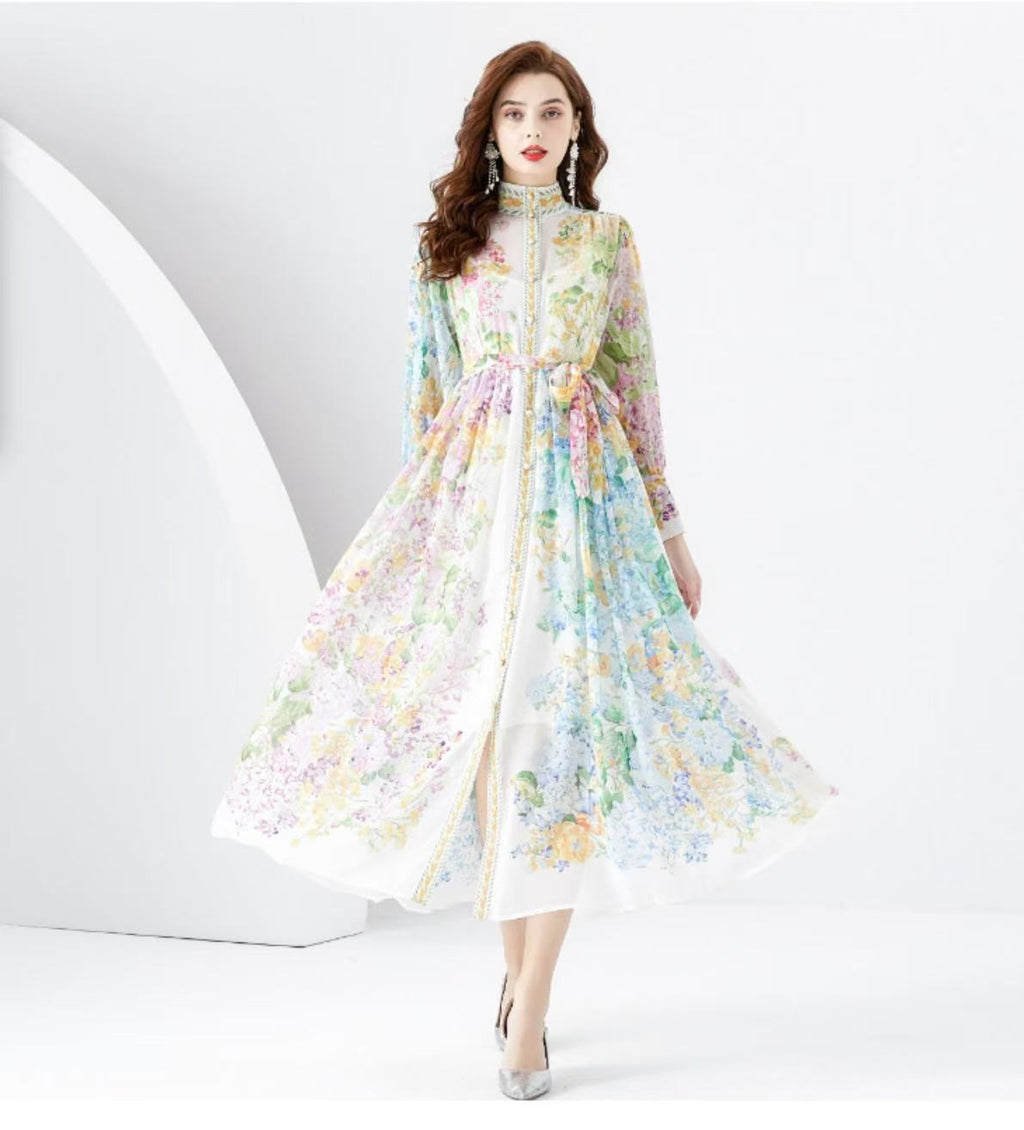 Early Spring Fashion Court Style Dress - Vintage Print Mandarin Collar Long Sleeve Flared Maxi Gown