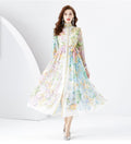 Early Spring Fashion Court Style Dress - Vintage Print Mandarin Collar Long Sleeve Flared Maxi Gown