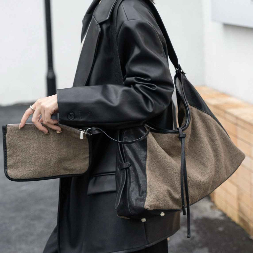 Linen Splicing Vegetable Tanned Cowhide Bag, Large Capacity Casual Bucket Bag, Underarm Shoulder Tote Bag, Hobo Bag for Women