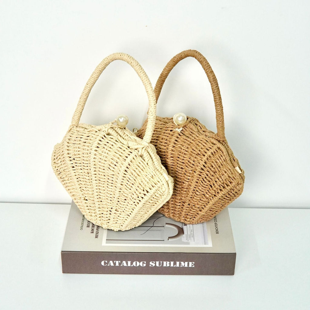 Round Straw Beach Bag - Handwoven Round Tote, Two-Way Handheld Shoulder Purse, Paper Rope Casual Bag