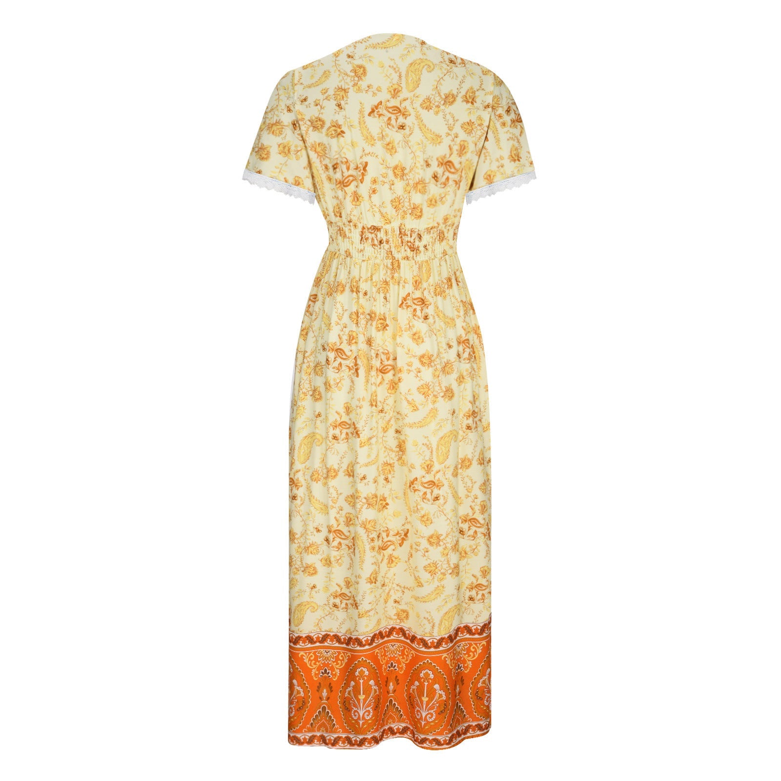 Women's Short Sleeve Lace Trim Tie-Waist Bohemian Dress Vacation Beach Dress Floral