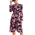 Printed V-Neck Long Sleeve Side-Slit Tie-Front Dress – Wrap-Style Maxi Gown