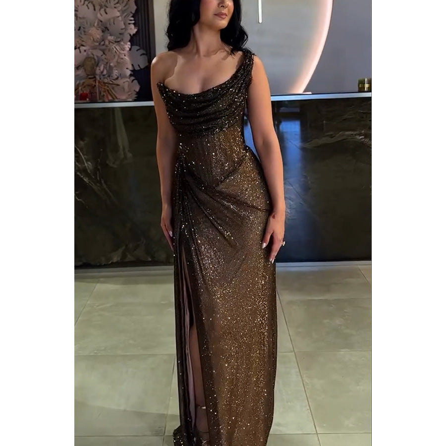 Elegant Sleeveless Off-the-Shoulder Bodycon Maxi Solid Color Chic High-End Satin Slip Dress