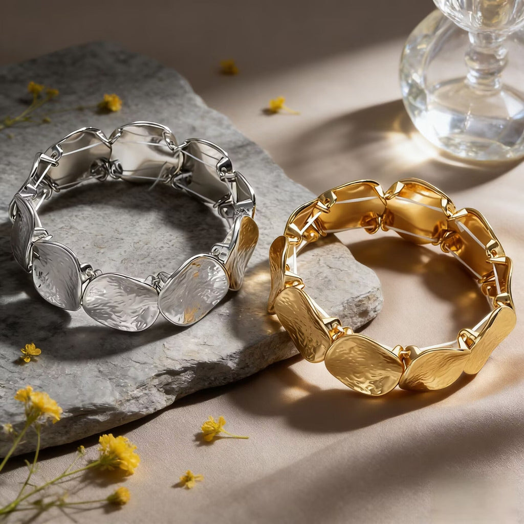 Personality Metal Pleated Geometric Disc Stretch Bracelet Heavy Duty Minimalist