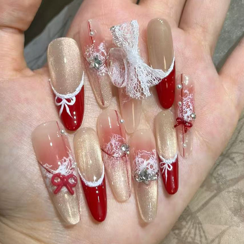 Christmas French tips autumn and winter white handmade wear nail cat eye manicure wear nail pure desire advanced sense fake nail patch
