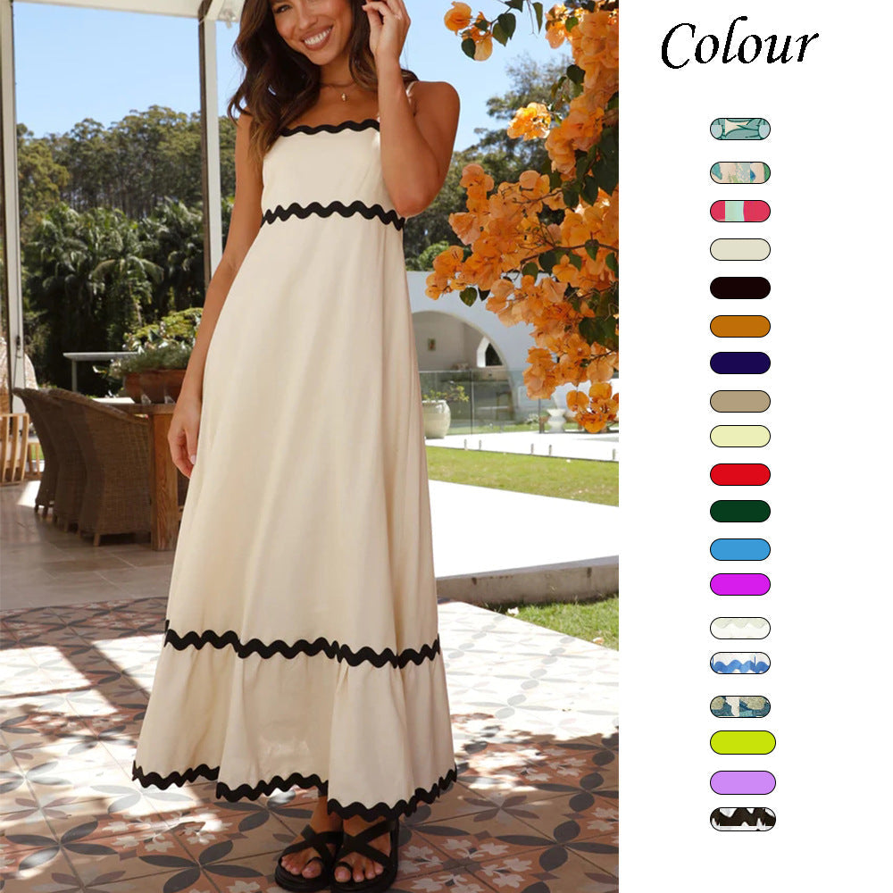 Summer solid color lace stitching elegant suspender tube top super pendulum dress